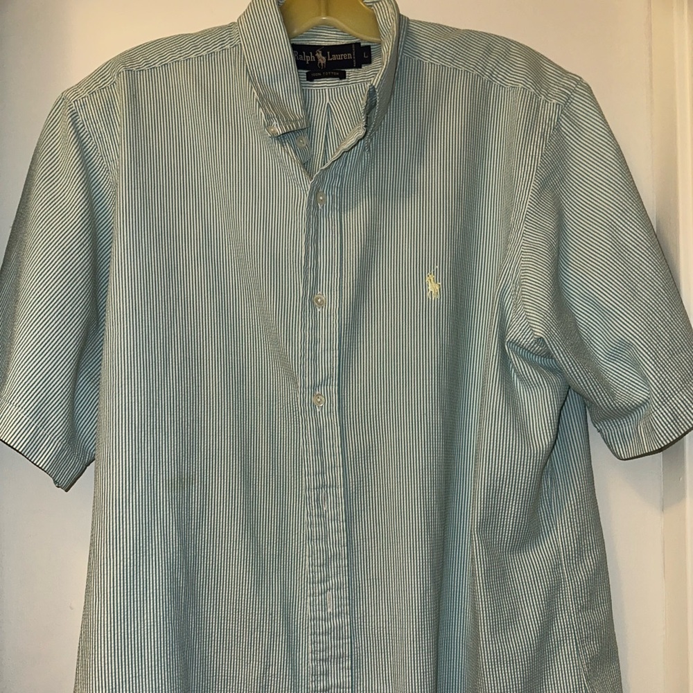 Mens Polo Ralph Lauren Short Sleeve Seersucker Green White Button Shirt SS large